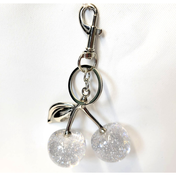 Clear White Cherry Keychain Bag Charm Silver Tone Resin Lobster Clasp New - Picture 5 of 15